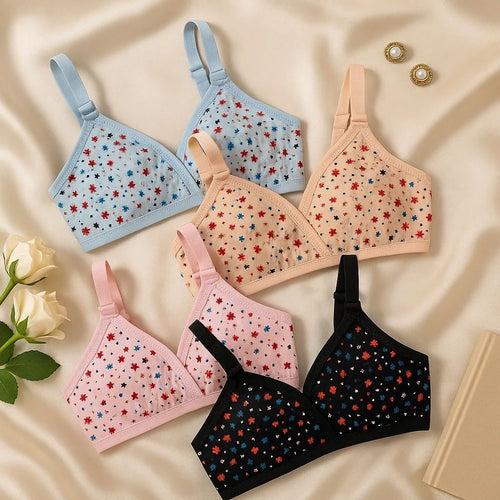 Pack Of 4 Soft Cotton Jersey Printed Bras For Women Multi Color 03 Hooks Adjustable Straps Daily Wear