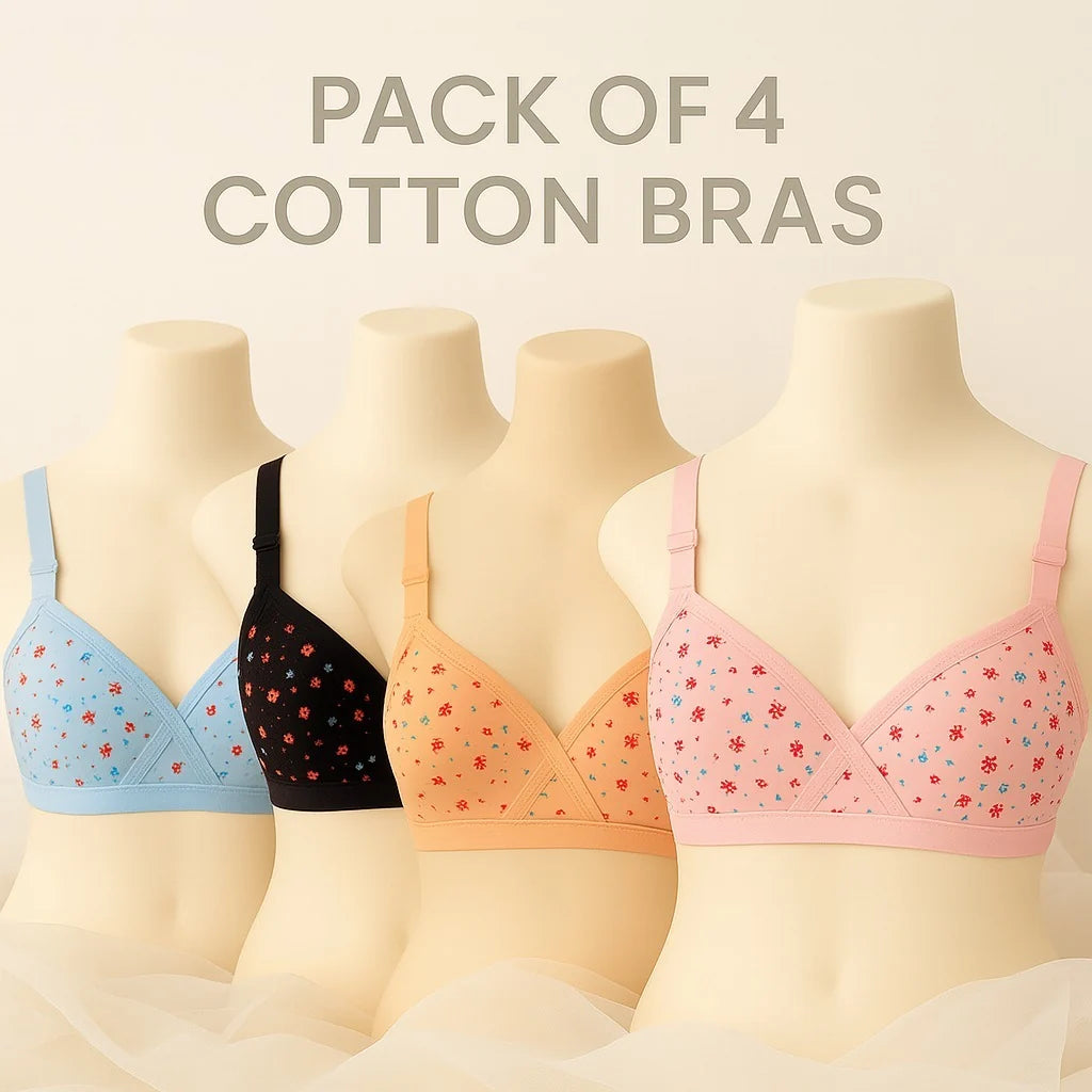 Pack Of 4 Soft Cotton Jersey Printed Bras For Women Multi Color 03 Hooks Adjustable Straps Daily Wear